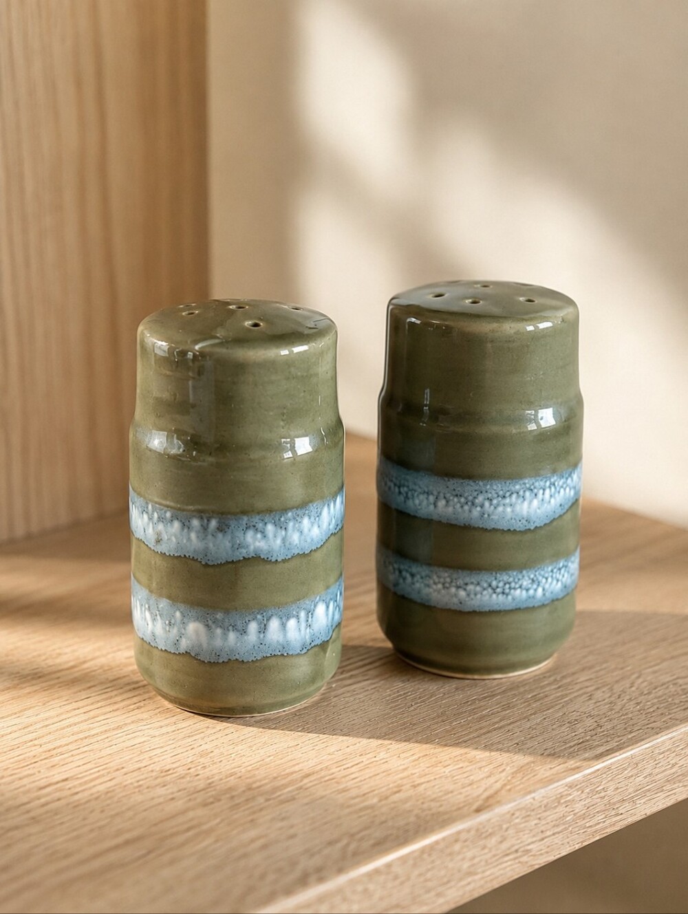 Vintage Pottery Salt Pepper Shakers Sage Green Blue MCM